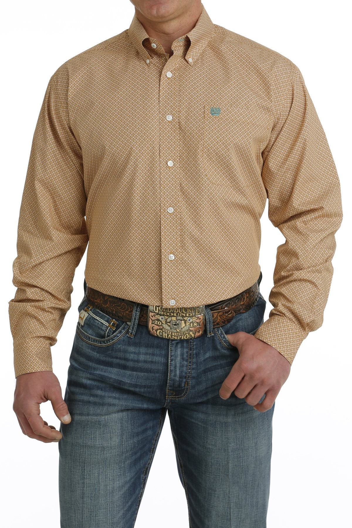 Cinch Mens Geometric Print L/S  Button Down Shirt - Brown/White - MTW1105714