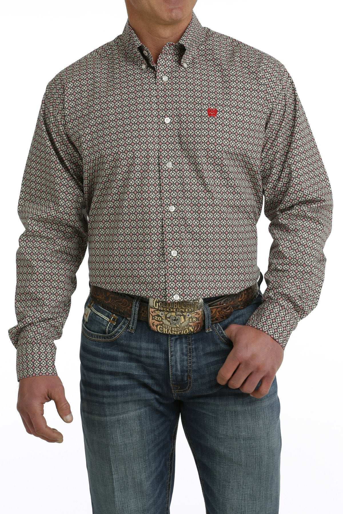 Cinch Mens Geometric Print L/S  Button Down Shirt - Khaki/Red/Black - MTW1105717