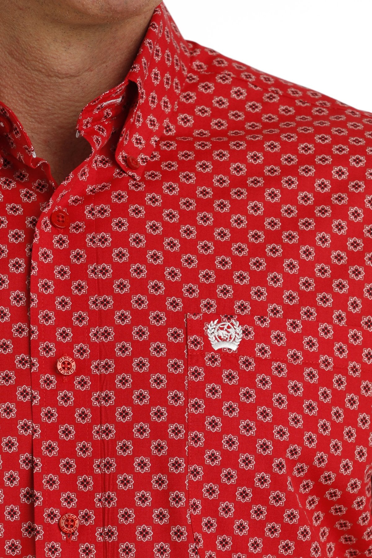 Cinch Mens Medallion Print L/S  Button Down Shirt - Red/White - MTW1105727