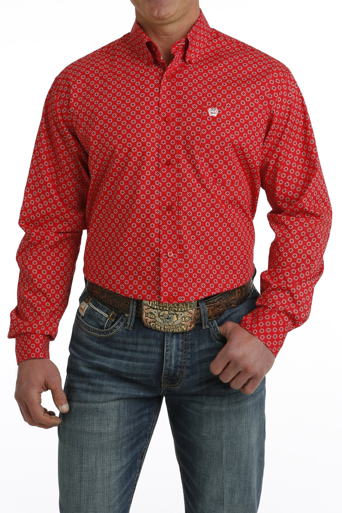 Cinch Mens Medallion Print L/S  Button Down Shirt - Red/White - MTW1105727