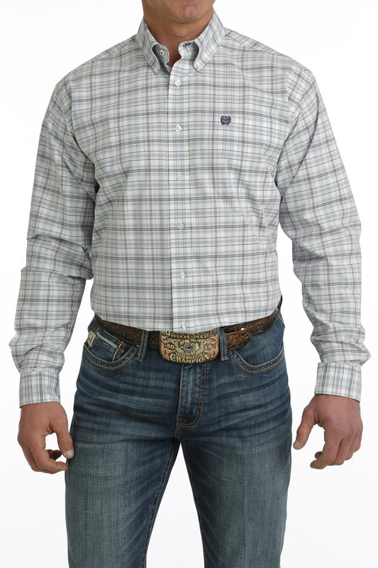 Cinch Mens Plaid L/S  Button Down Shirt - White - MTW1105733