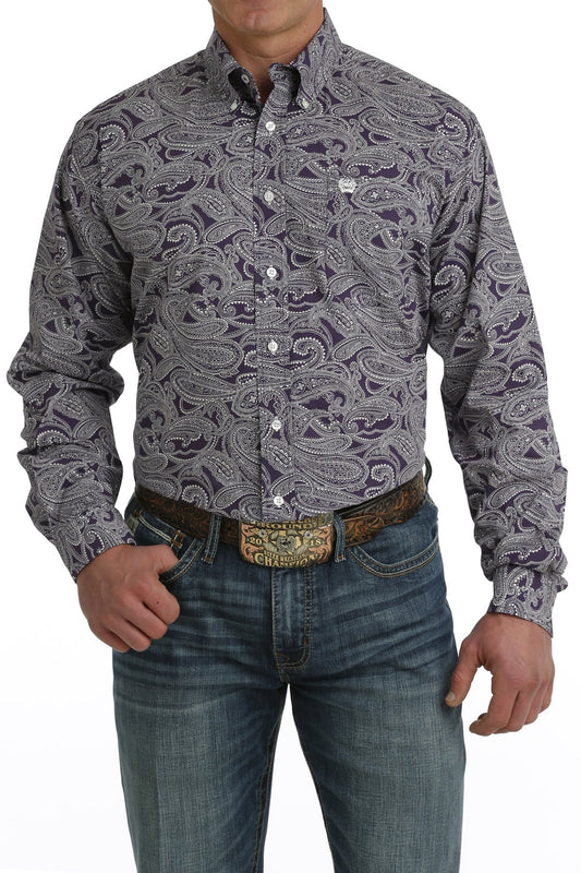 Cinch Mens Paisley Print L/S  Button Down Shirt - Purple/White - MTW1105738