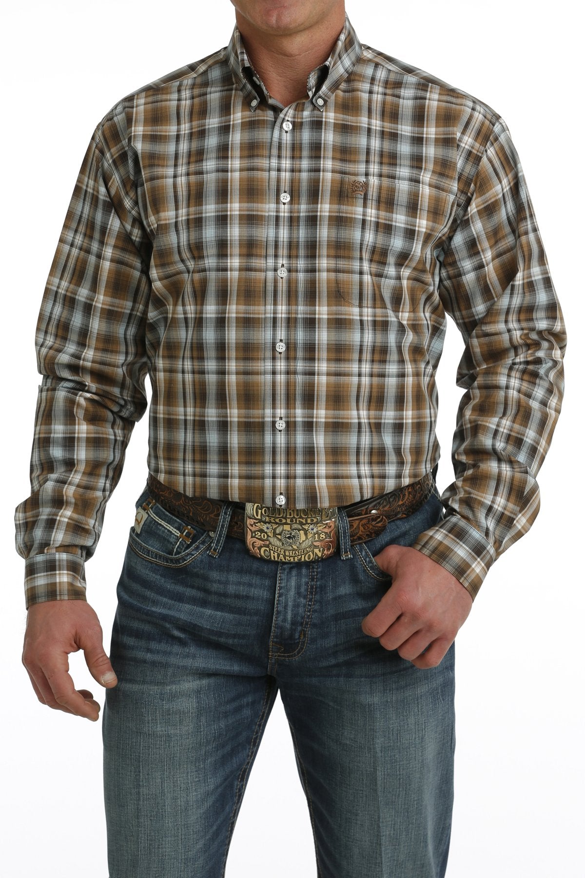 Cinch Mens Plaid L/S  Button Down Shirt - Brown/White - MTW1105743