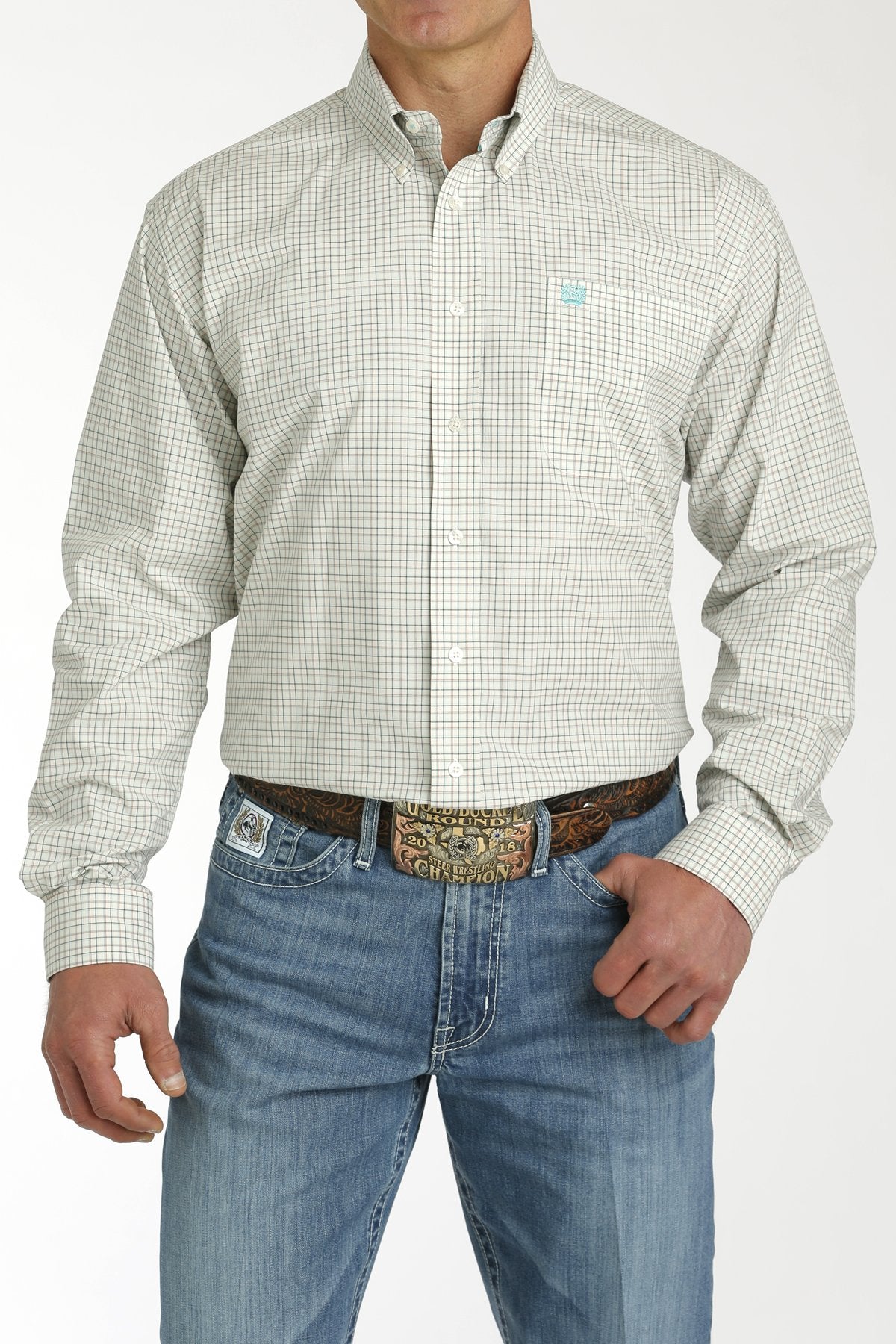 Cinch Mens Plaid L/S  Button Down Shirt - Cream/Charcoal - MTW1105746