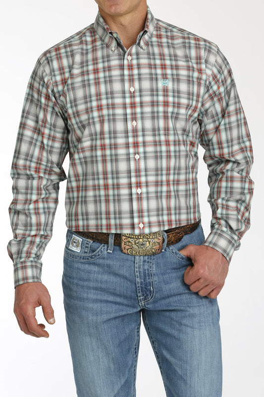 Cinch Mens Classic Fit Plaid L/S  Button Down Western Shirt - Cream/Charcoal/Red - MTW1105750