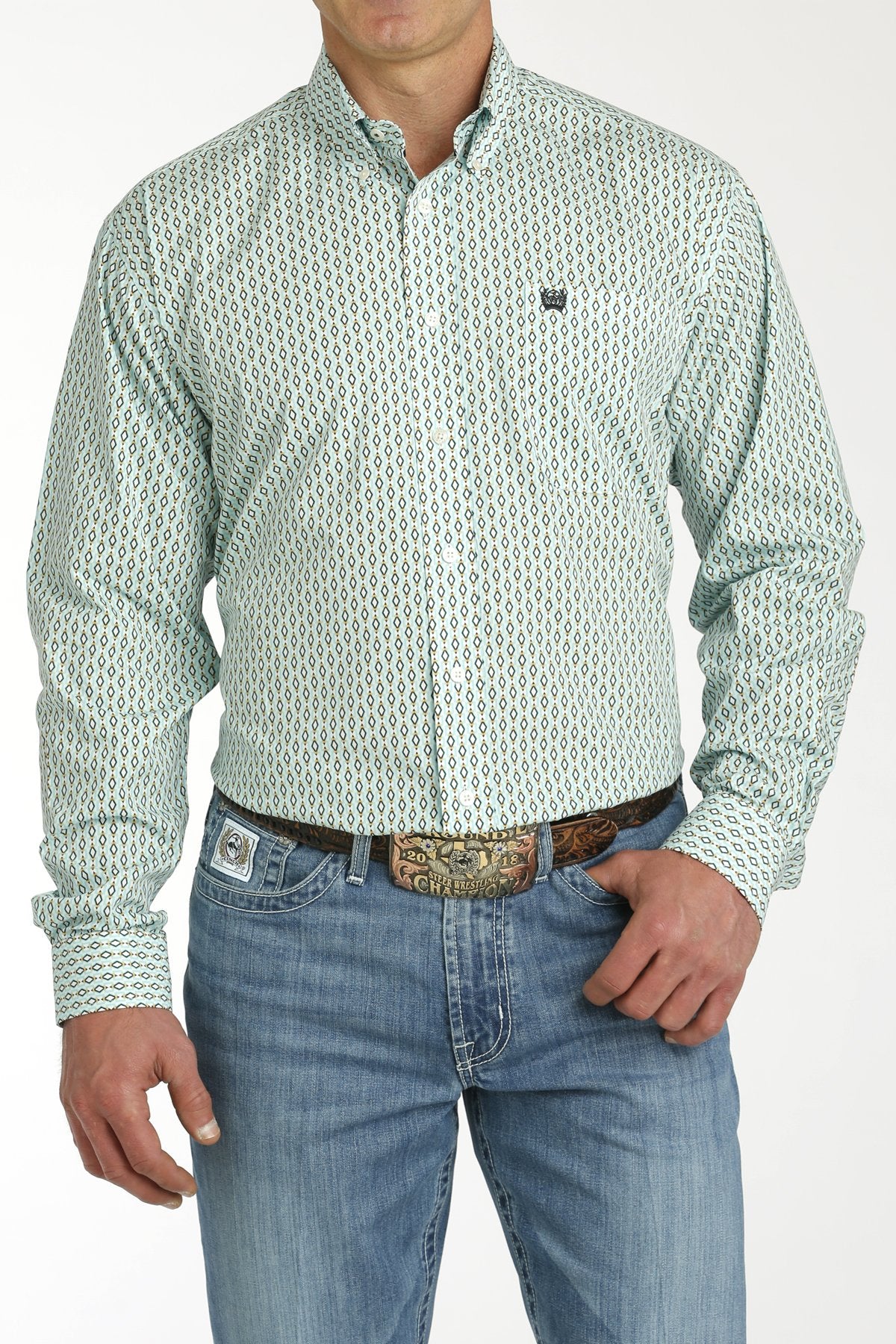 Cinch Mens Classic Fit Geometric Print L/S  Button Down Western Shirt - Cream/Turquoise - MTW1105754