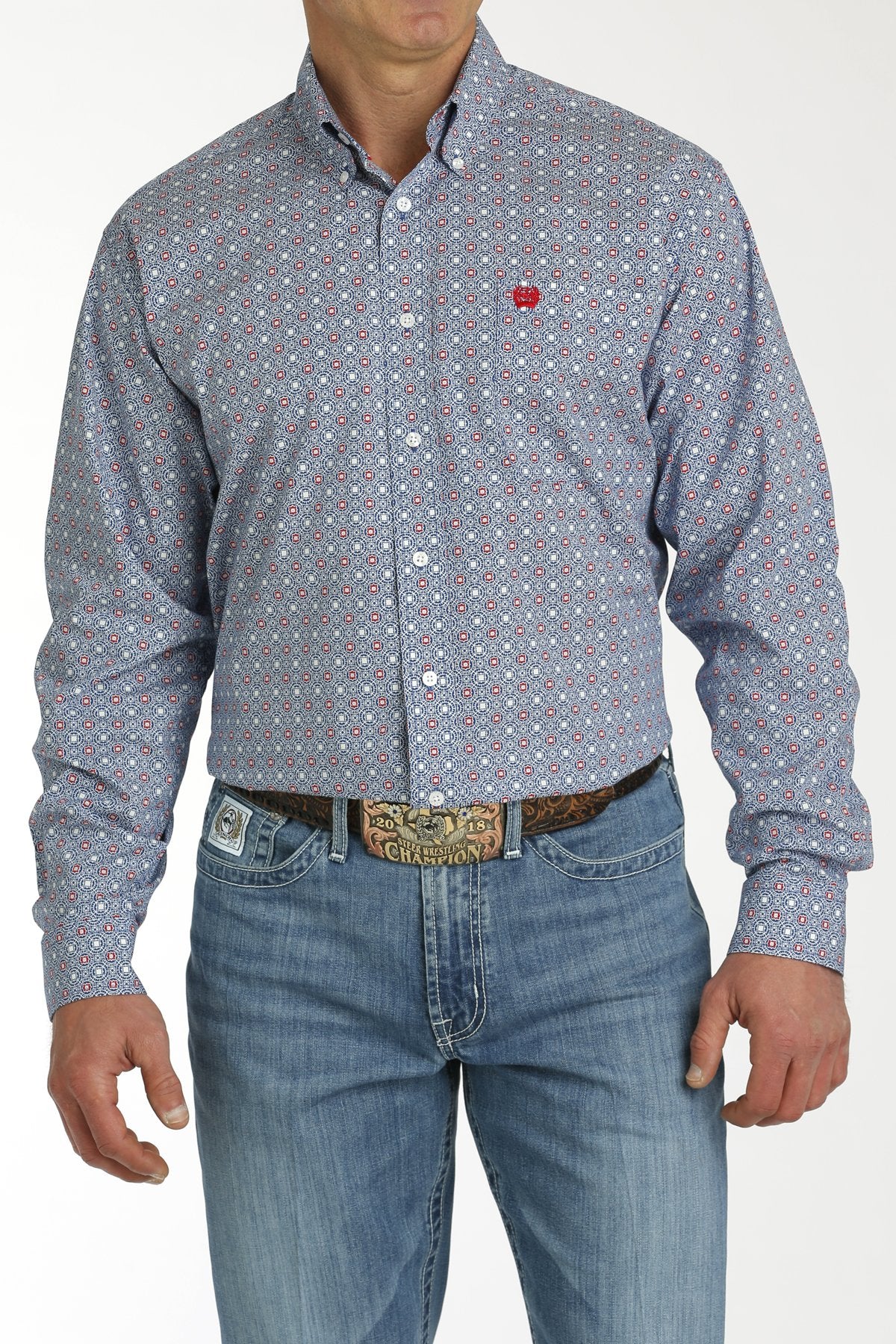 Cinch Mens Medallion Print L/S  Button Down Western Shirt - Blue/Red - MTW1105770