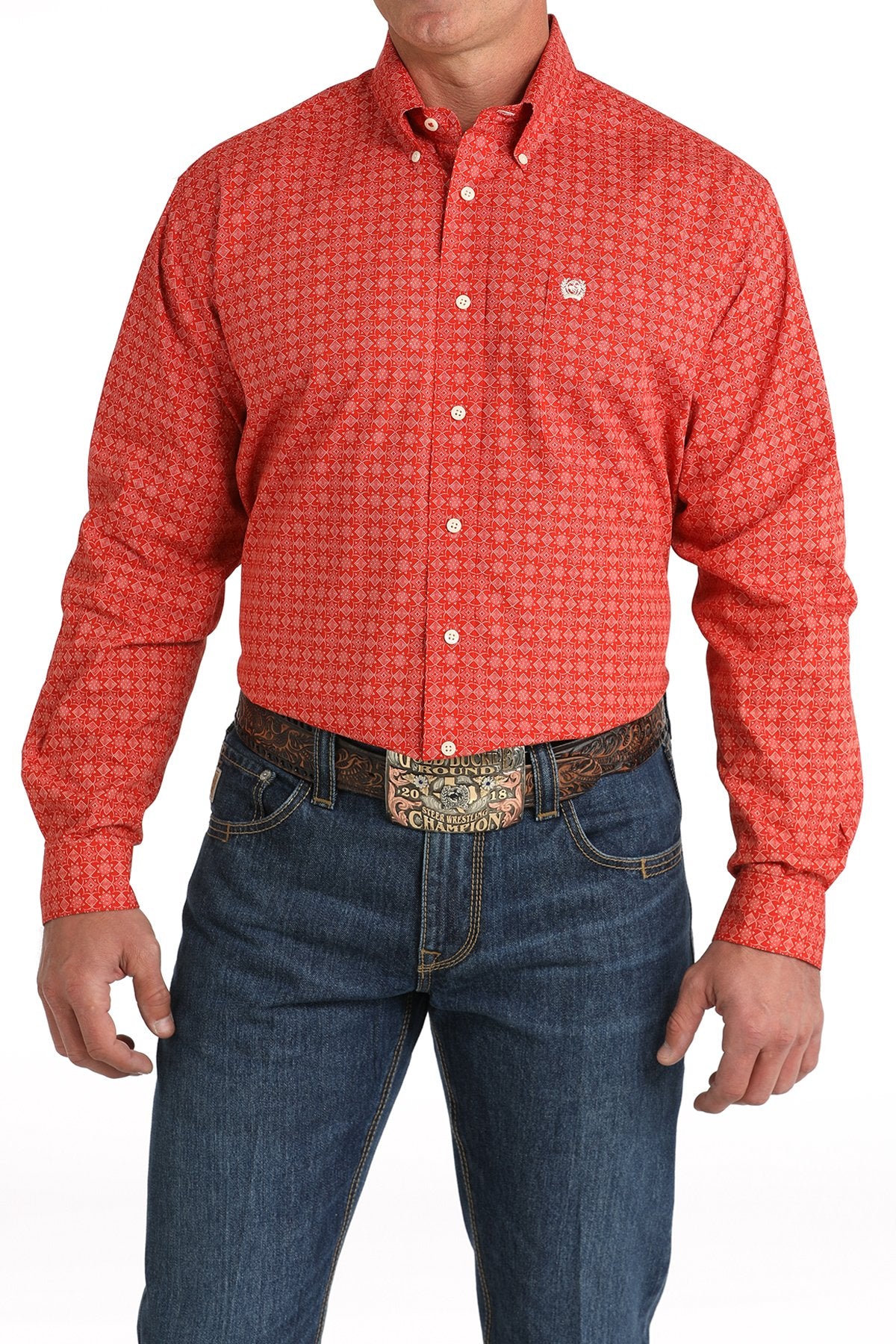 Cinch Mens Geometric Print Button Down Western Shirt - Red - MTW1105803