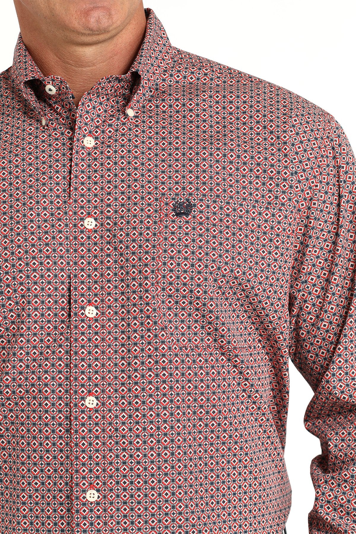 Cinch Mens Geometric Print Button Down Western Shirt - Red - MTW1105804