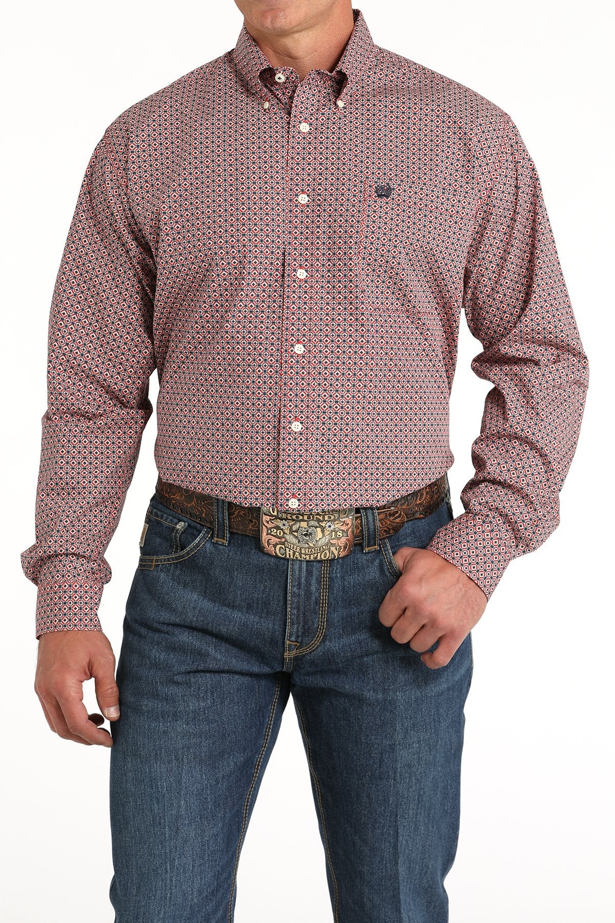 Cinch Mens Geometric Print Button Down Western Shirt - Red - MTW1105804