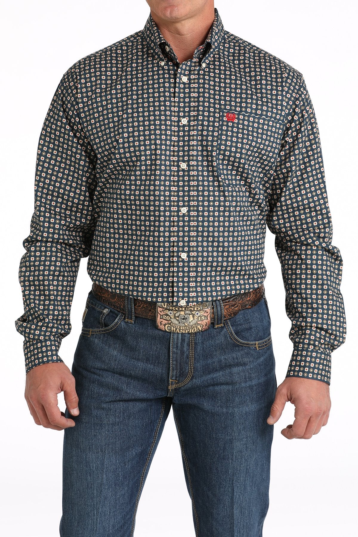 Cinch Mens Stretch Medallion Print Button Down Western Shirt - Navy - MTW1105808