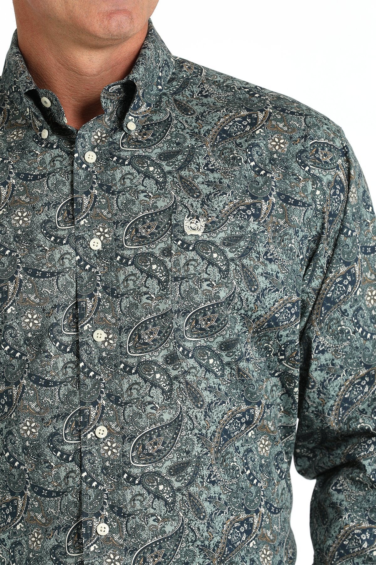 Cinch Mens Stretch Paisley Print Button Down Western Shirt - Green - MTW1105811