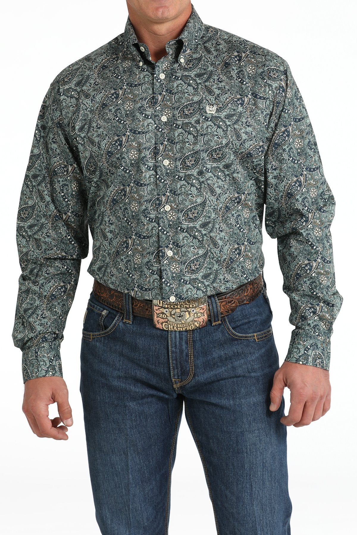 Cinch Mens Stretch Paisley Print Button Down Western Shirt - Green - MTW1105811