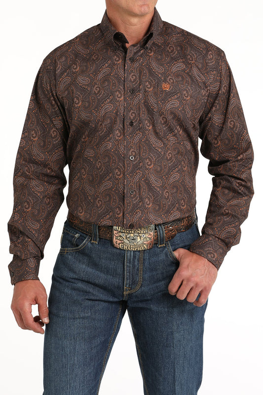 Cinch Mens Paisley Print Button Down Western L/S Shirt - Brown - MTW1105819