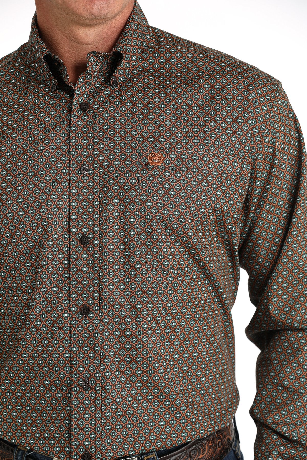 Cinch Mens Geometric Print Button Down Western L/S Shirt - Brown - MTW1105825