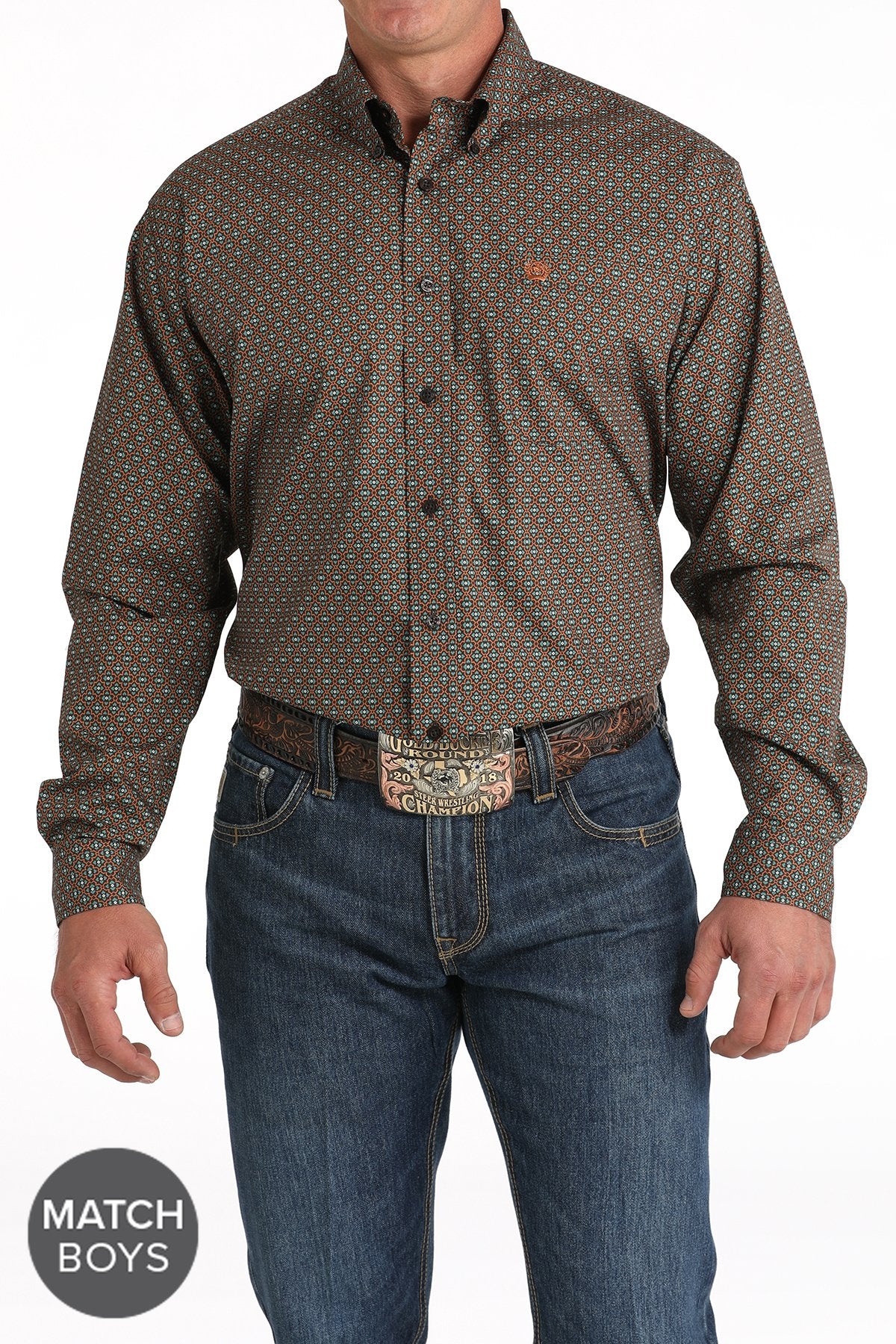 Cinch Mens Geometric Print Button Down Western L/S Shirt - Brown - MTW1105825