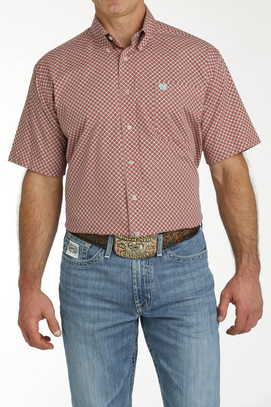 Cinch Mens Geometric Print Button Down Western S/S Shirt - Red/Turquoise - MTW1111456