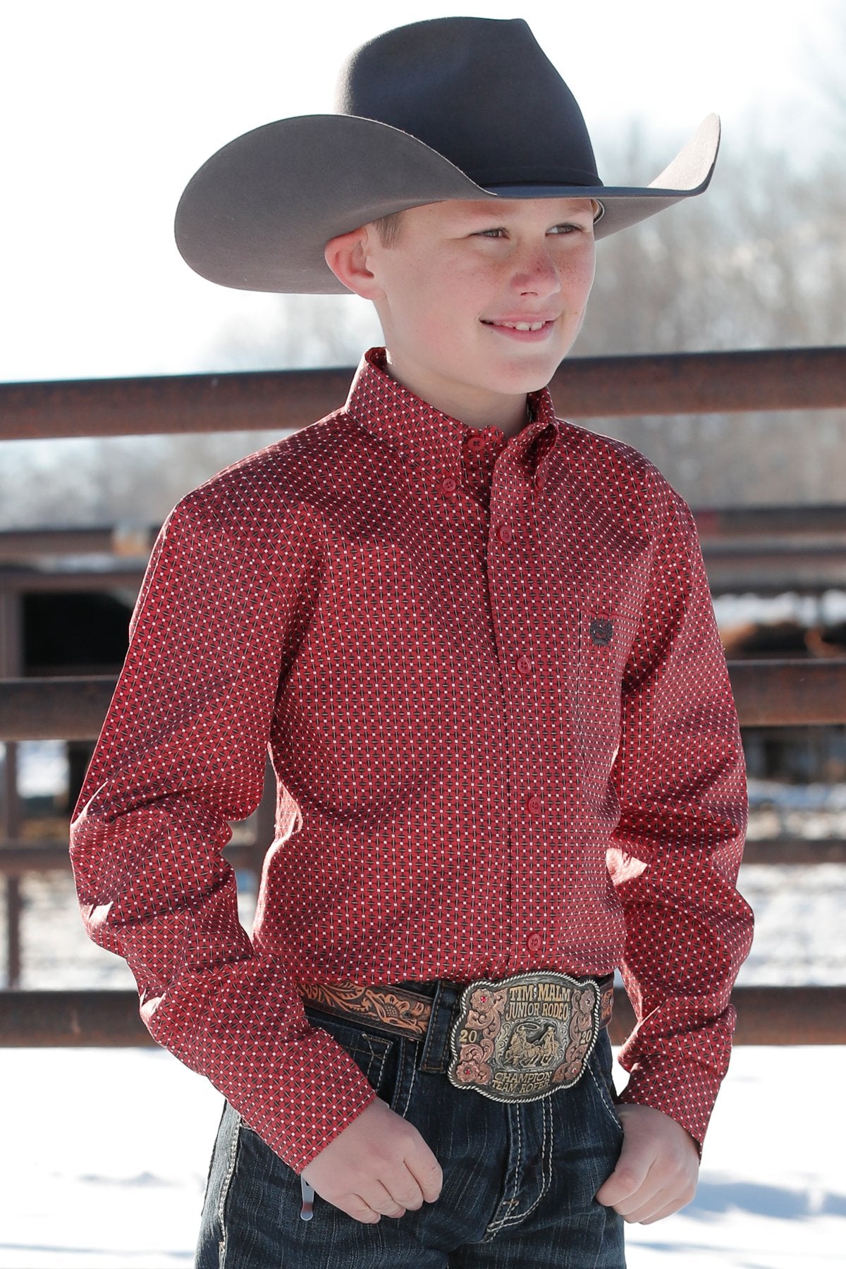 Cinch Boys Geometric Print Button Down Western L/S Shirt - Red - MTW7060327