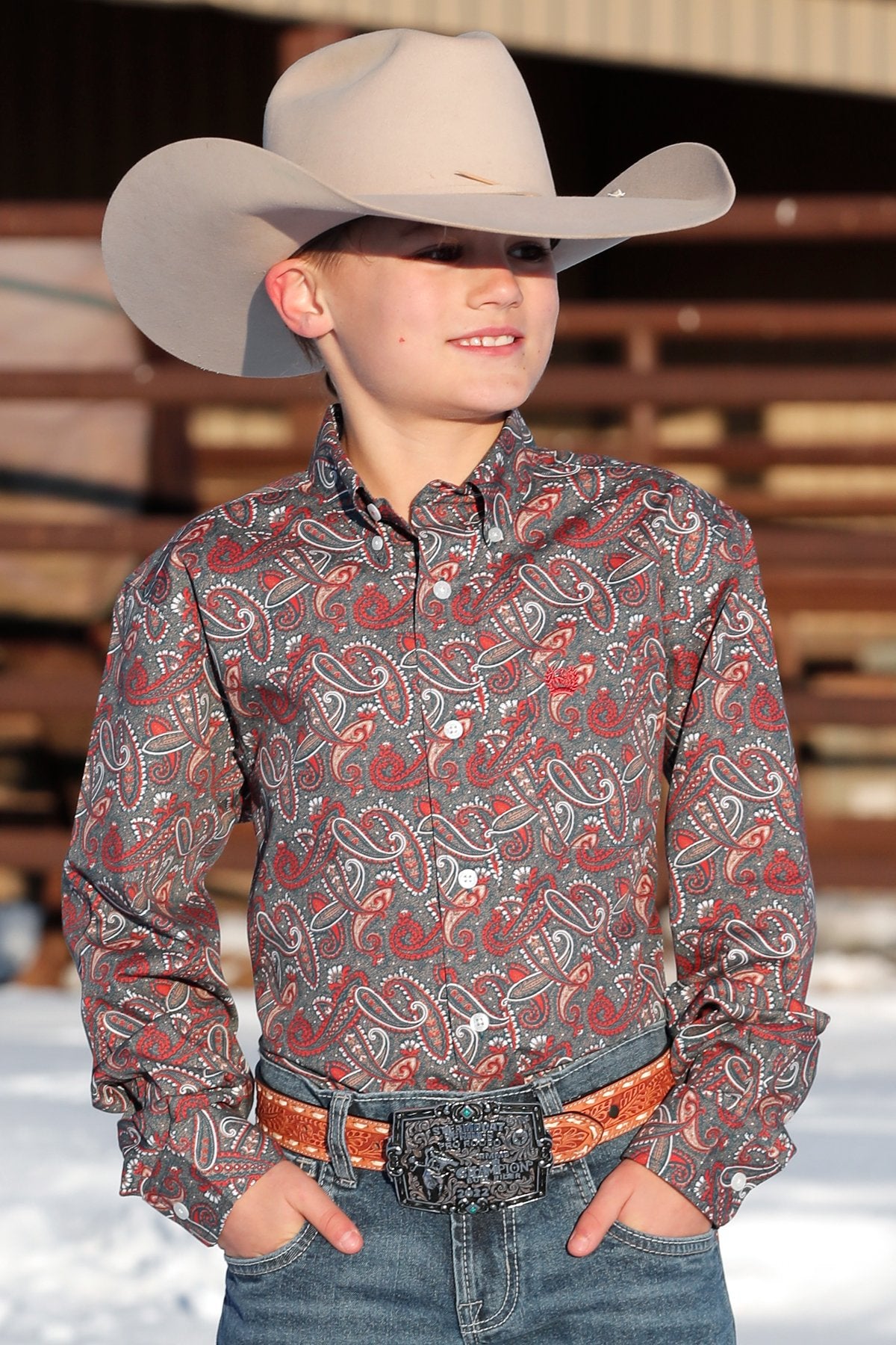 Cinch Boys Paisley Print Button Down Western L/S Shirt - Blue/Red/Brown - MTW7060329