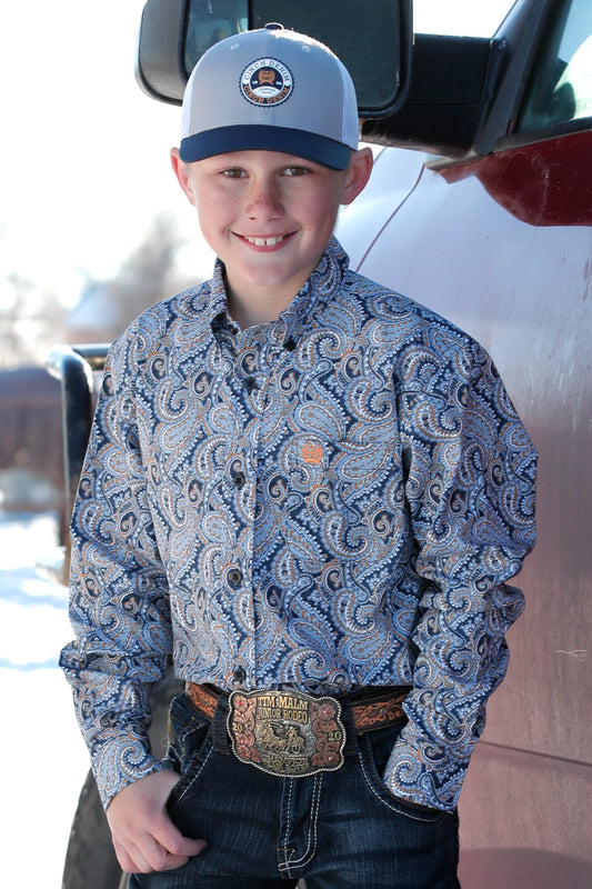 Cinch Boys Paisley Print Button Down Western L/S Shirt - Grey/Blue - MTW7060336