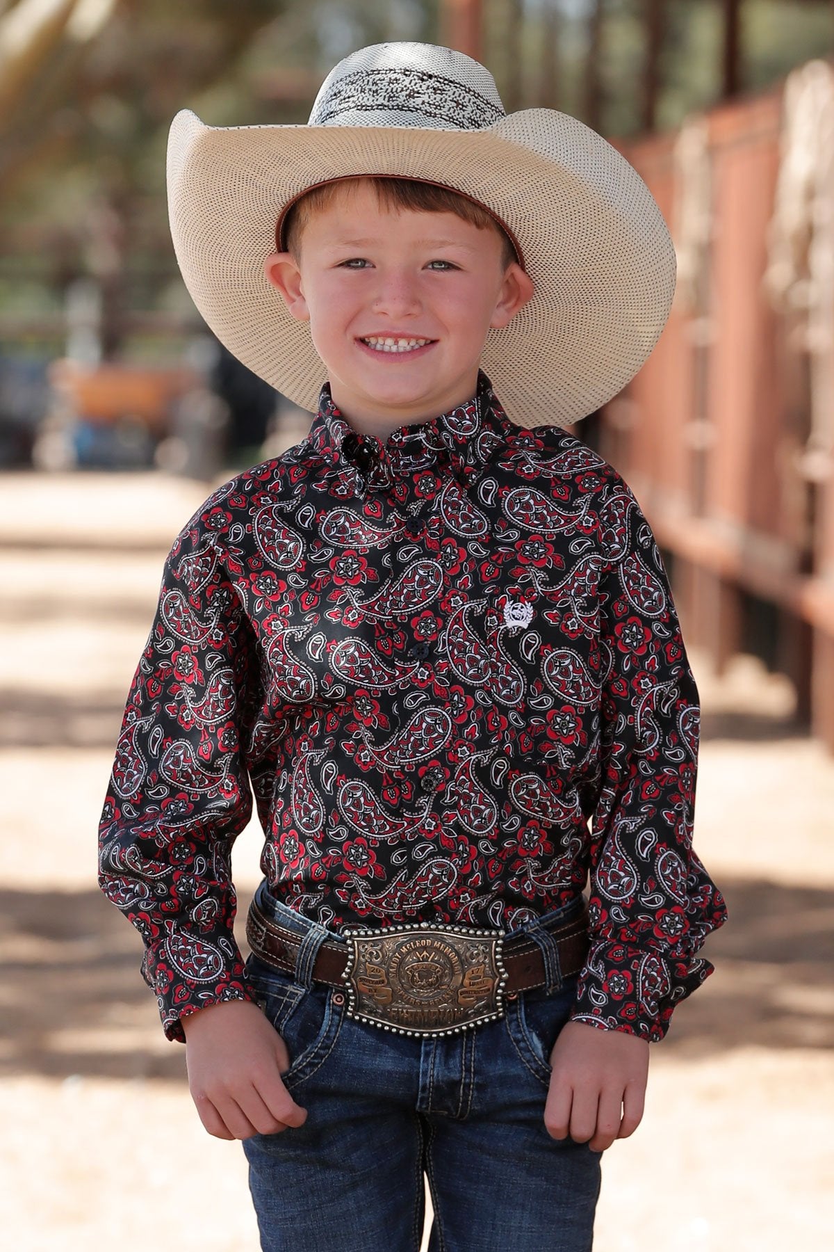 Cinch Boys Paisley Print Button Down Western L/S Shirt - Black/Red - MTW7060339