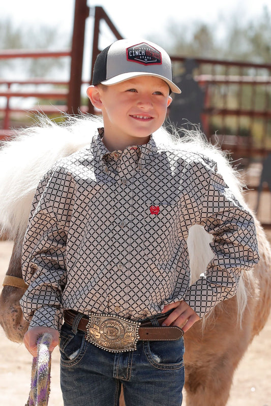 Cinch Boys Medallion Print Button Down Western L/S Shirt - Khaki - MTW7060341