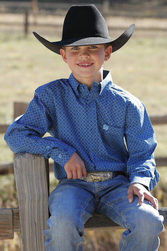 Cinch Boys Geometric Print Button Down Western L/S Shirt - Royal - MTW7060352