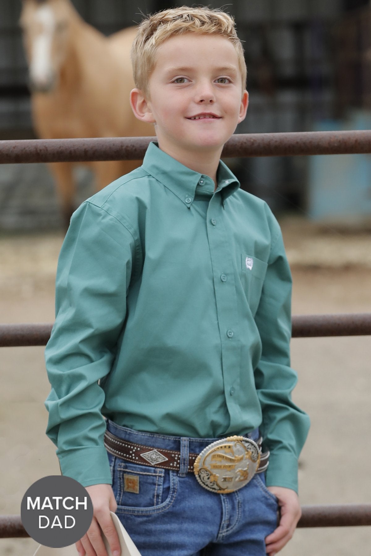 Cinch Boys Solid Button Down Western L/S Shirt - Green - MTW7060355