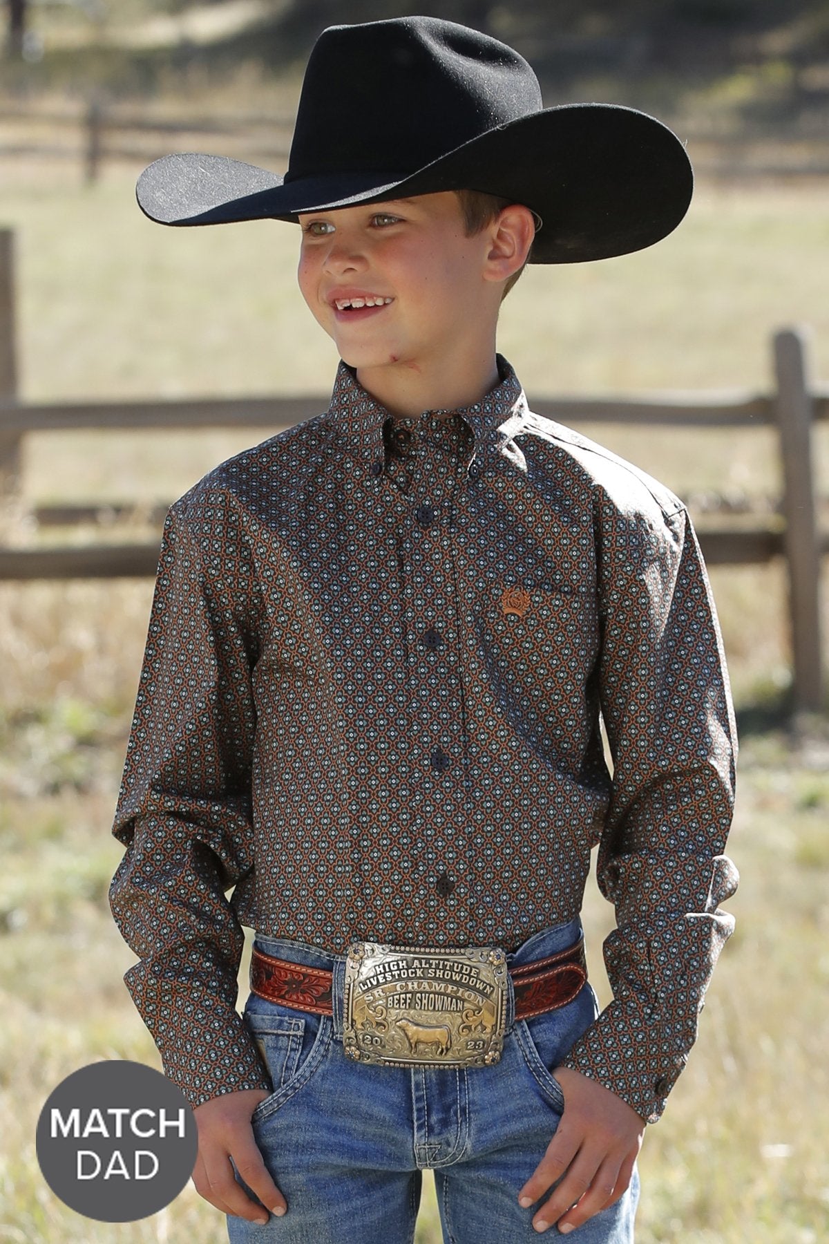 Cinch Boys Geometric Print Button Down Western L/S Shirt - Brown - MTW7060357