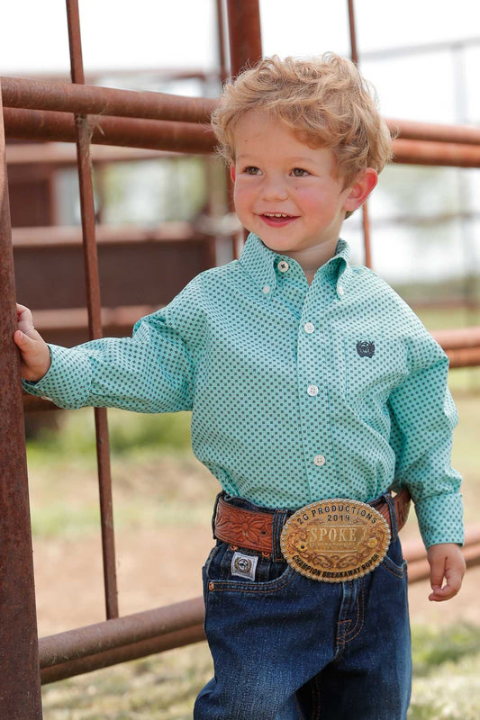 Cinch Boys Toddler Match Dad Geometric Print Button Down Western Shirt - Light Blue - MTW7061343