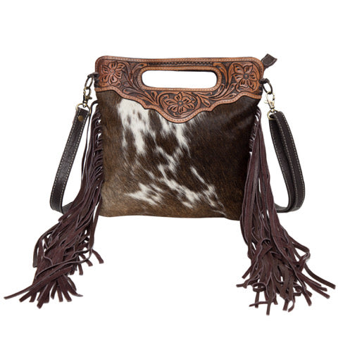 The Design Edge Cali Tooling Leather Sling Bag with Fringes - Brown and White - AB04