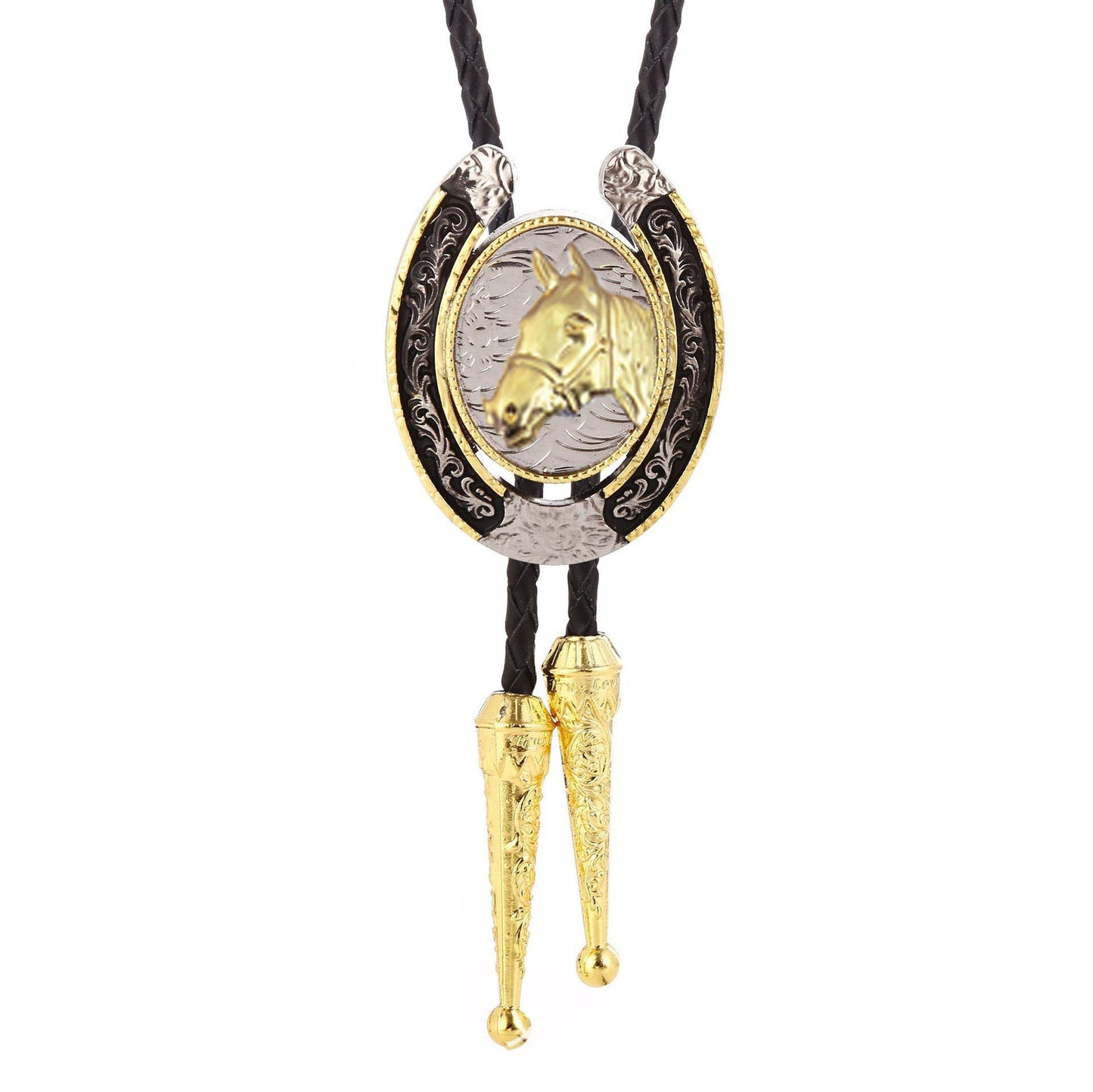 Brigalow Bolo Tie - Oval Horsehead - Gold/Black Horsehoe - Bolo 06