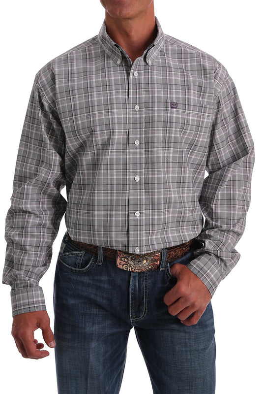 Cinch Mens Grey/ Purple Plaid L/S Shirt