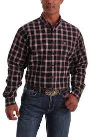 Cinch Mens Black/ Coral Plaid L/S Shirt - MTW1105045