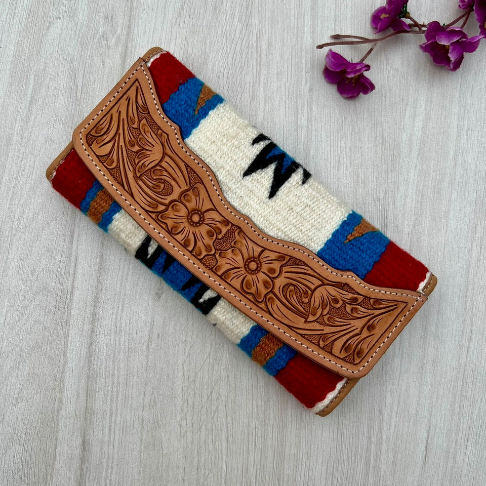 The Design Edge Tooled Blue Saddle Blanket Trifold Wallet- TSB23A- Brown Tooled Leather