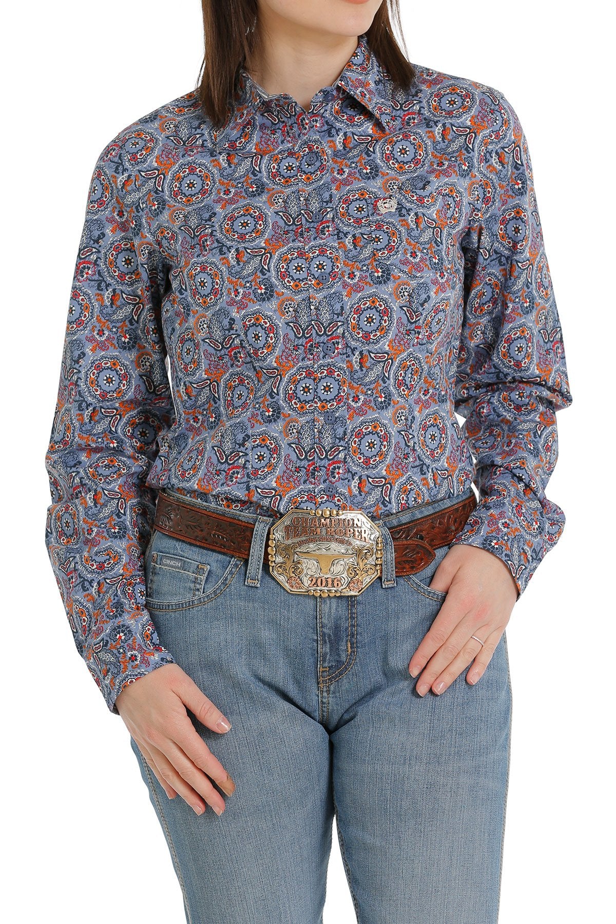 Cinch Ladies Button Down Western L/S Shirt - Blue/Red/Orange - MSW9164195