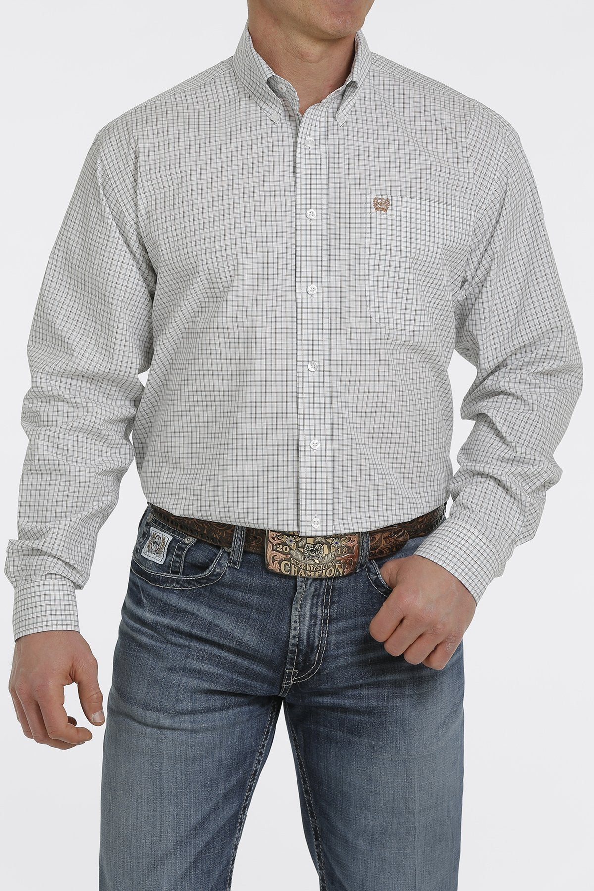 Cinch  Grey, White, Chocolate and Turquoise Plaid Print L/S Shirt - MTW1105380