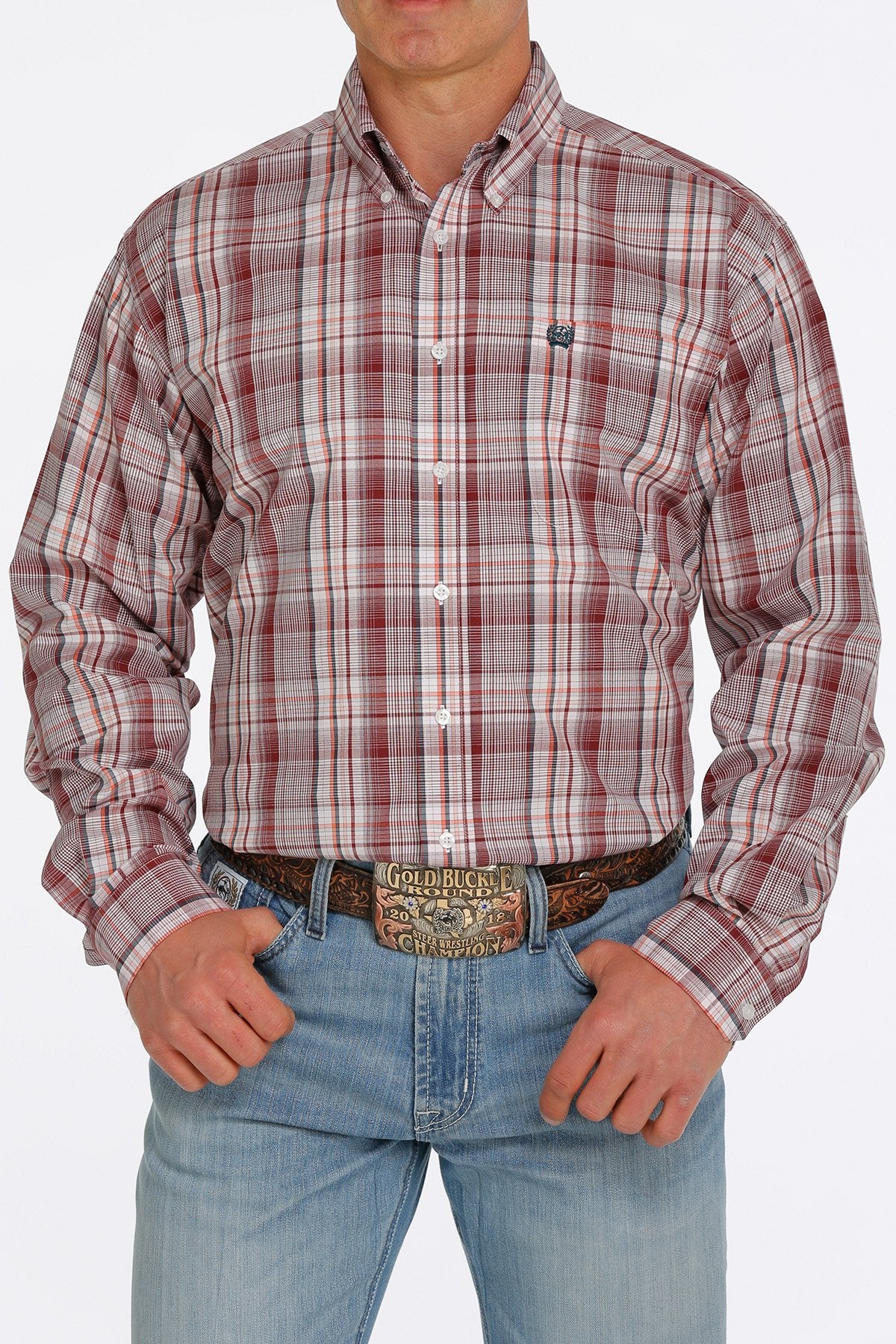 Cinch Mens White/ Burgundy/ Coral Plaid Button Down Western L/S Shirt - MTW1105391