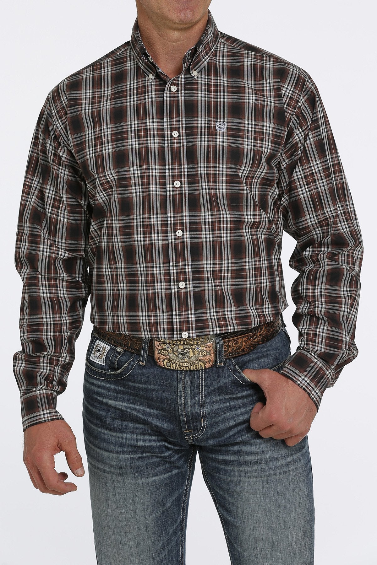 Cinch Mens Plaid Buttoned Down Western L/S Shirt - Brown/Cream - MTW1105452