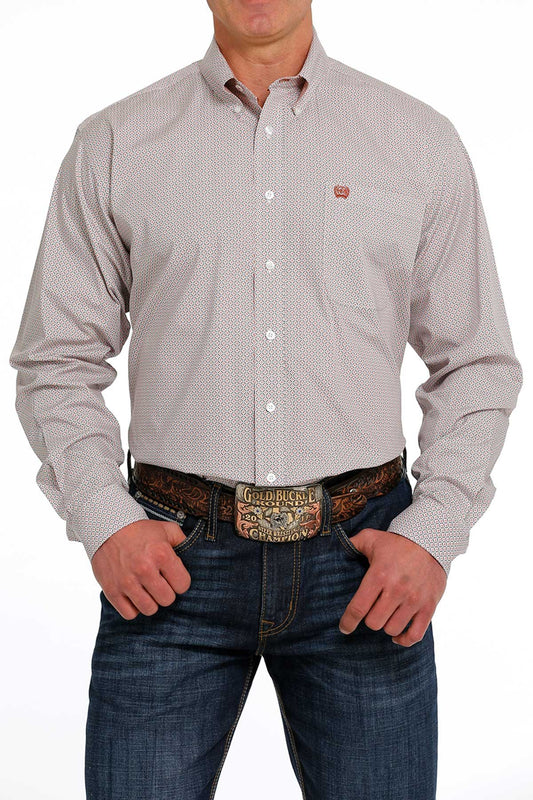 Cinch Mens Geometric Print Buttoned Down Western L/S Shirt - White/Grey - MTW1105502