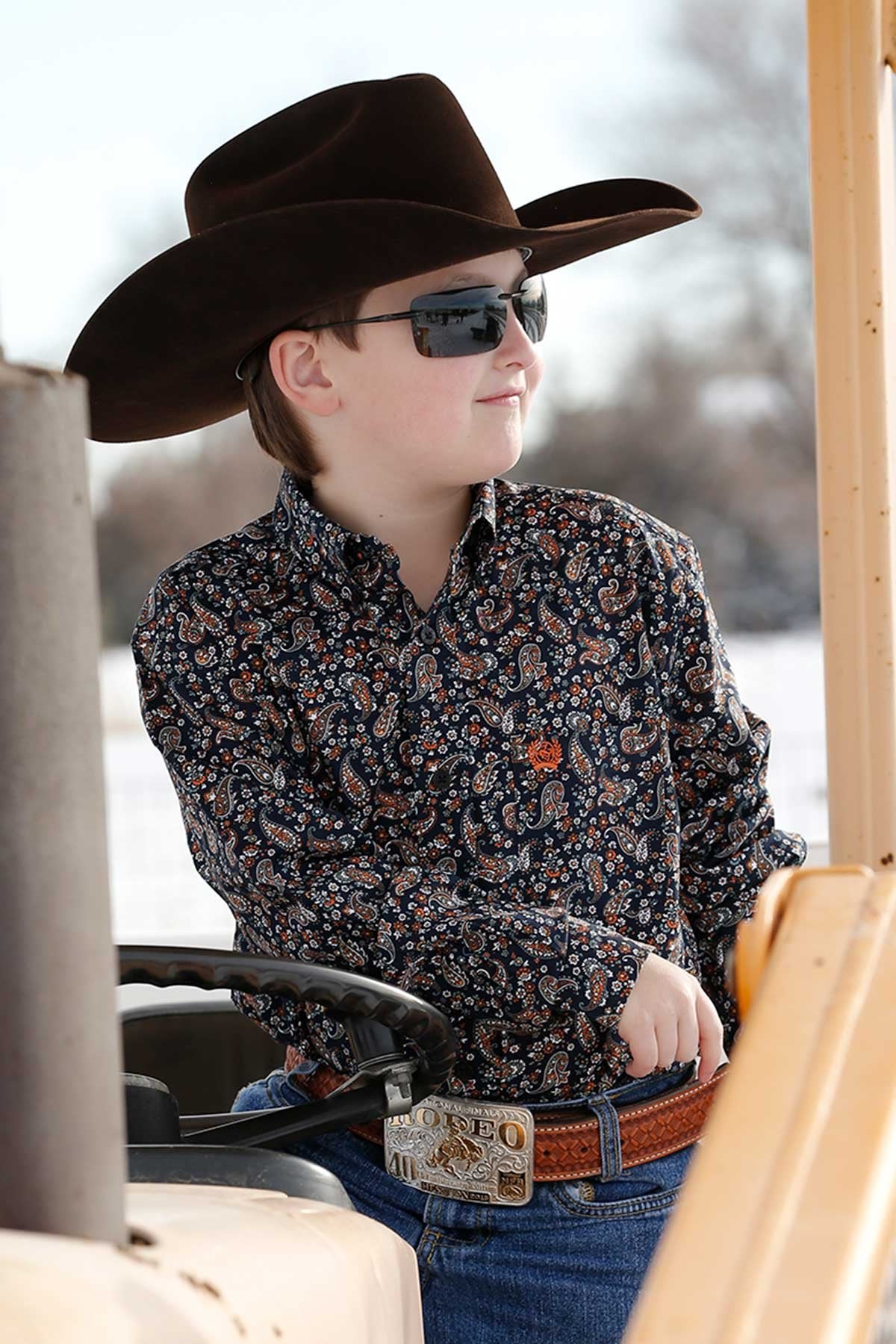 Cinch Boys Paisley Print Button Down L/S Shirt - Navy/Orange - MTW7060297