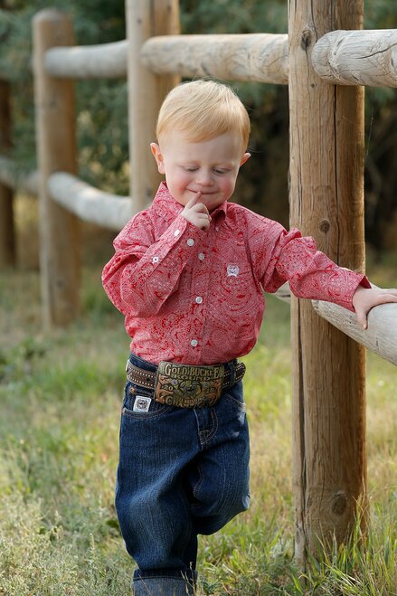 Cinch Toddler Boys Red and White Paisley Print L/S Shirt - MTW7061253